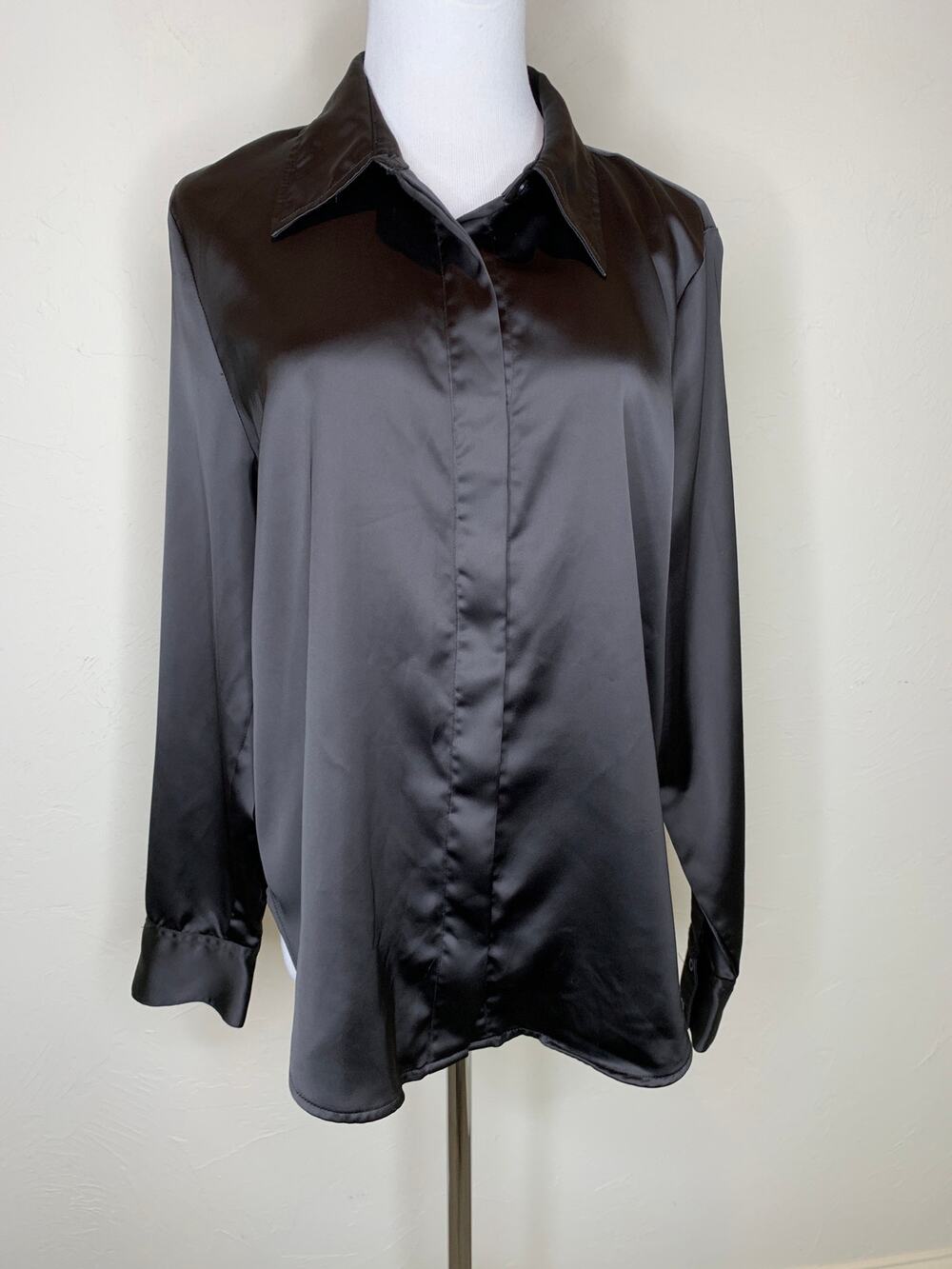 Worthington Black Satin Button Up Blouse Sz Large Whimsygoth Goth